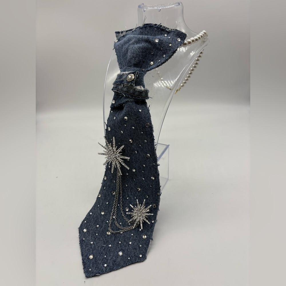 Elegant Denim and Rhinestone Pearl Tie